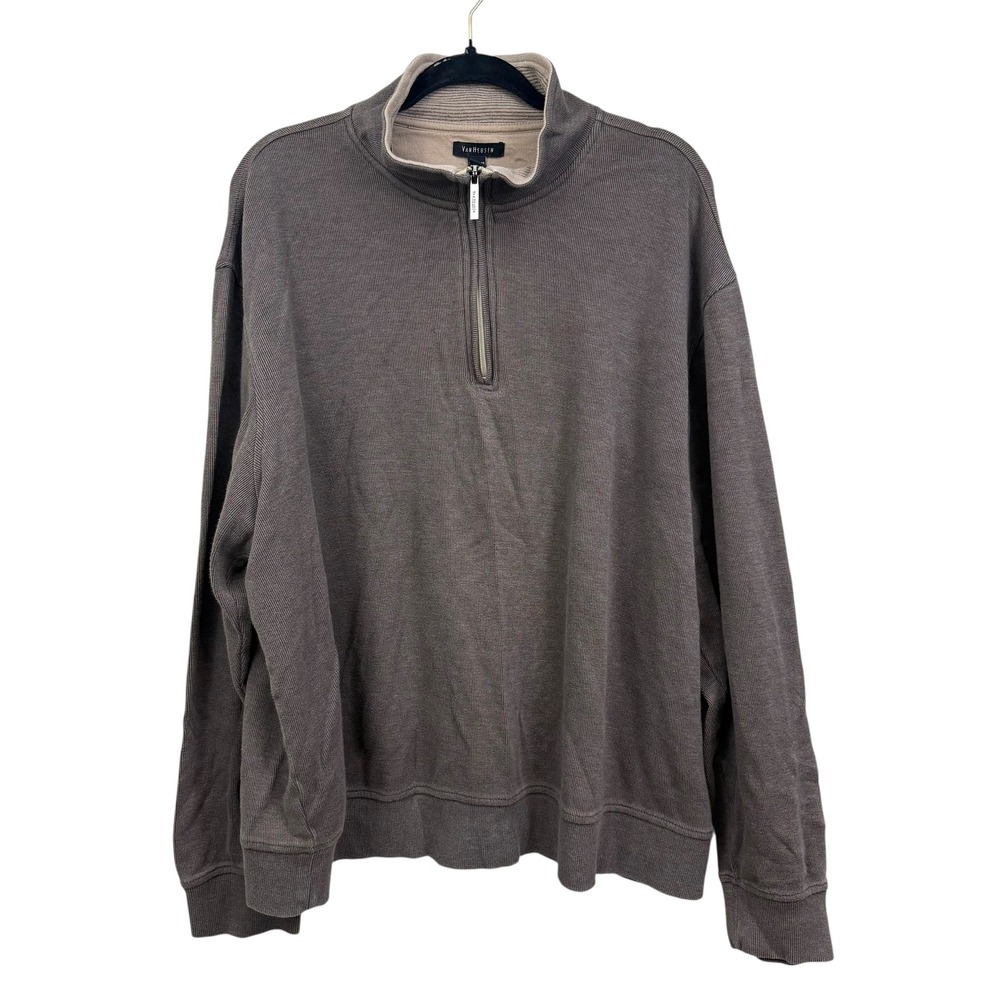 Van Heusen Men Quarter Zip Pullover Sweater Relaxed Fit Ribbed Hem Taupe Sz XXL*